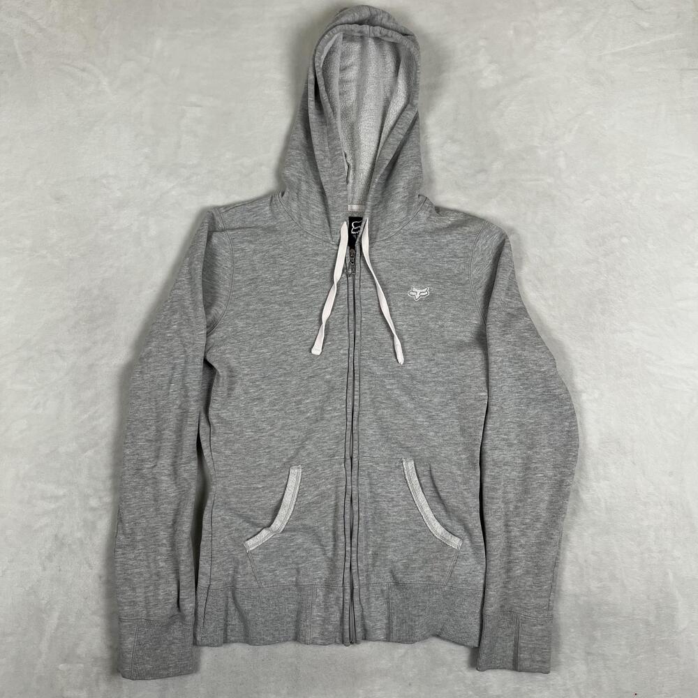 Fox Racing Hoodie Size Medium Gray Full Zip Fleece Sweatshirt Fox Logo Y2K